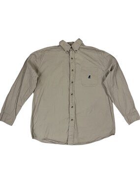 Disney Mens Khaki Long Sleeve Button Down Shirt Embroidered Mickey Mouse Logo